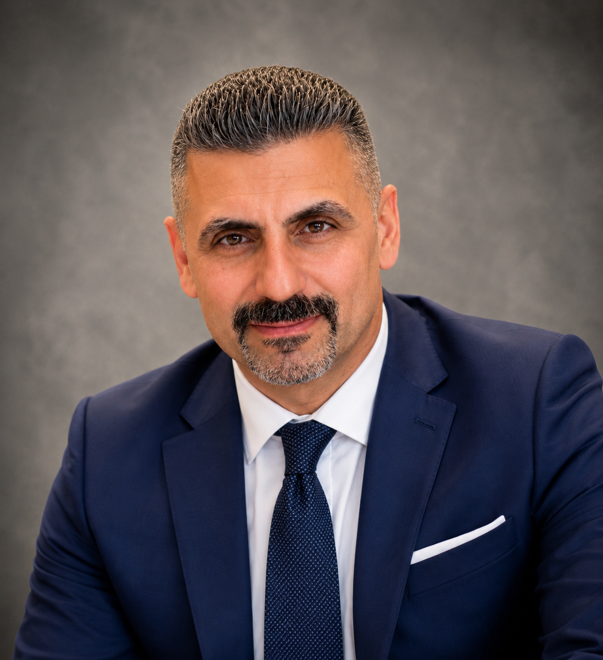Blue suit gray background